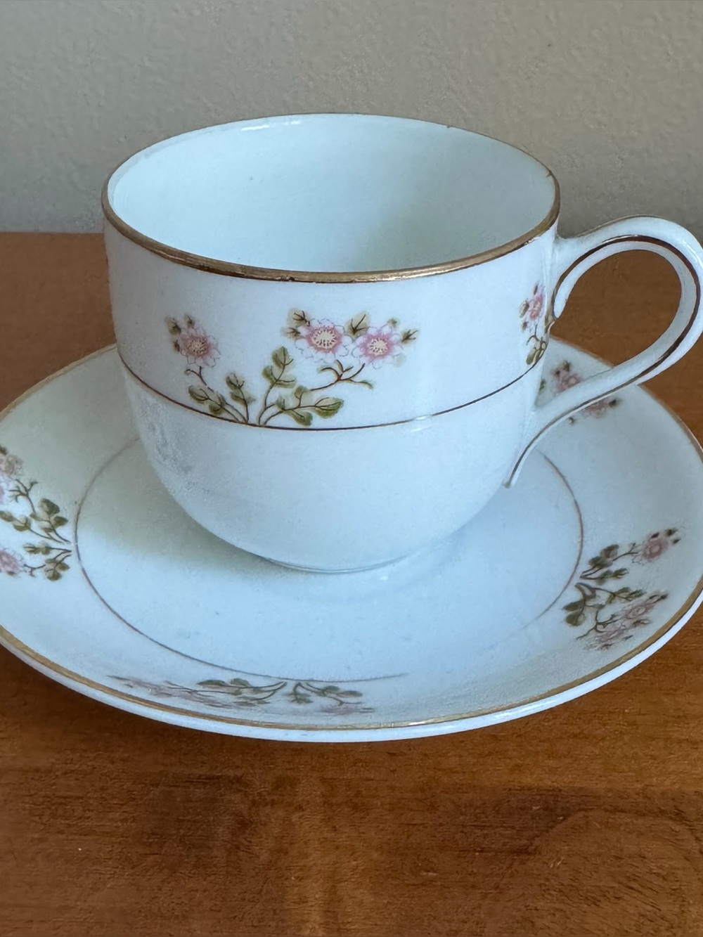 Noritake Hakone pattern. Teacup and Saucer with Pink Floral Motif and Gold Trim